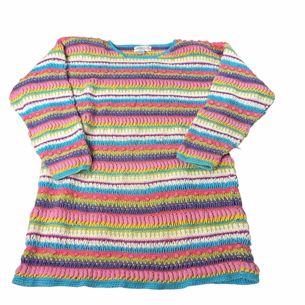 VTG 90s Jennifer Reed womens hand knit striped tunic sweater. Size M 3/4 sleeve